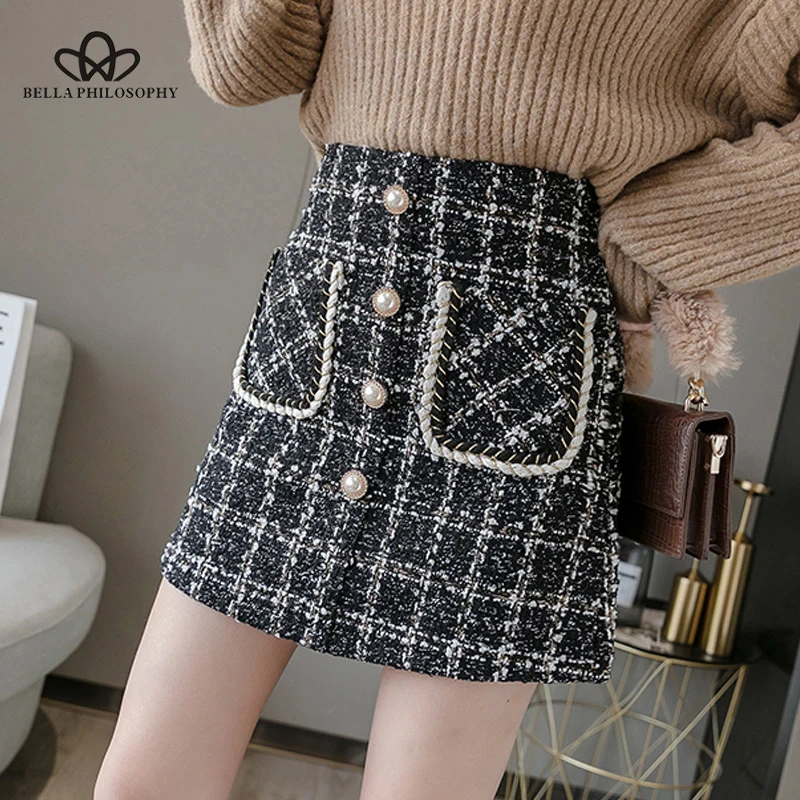 Женская твидовая шерстяная мини юбка короткая клетчатая в Корейском стиле с