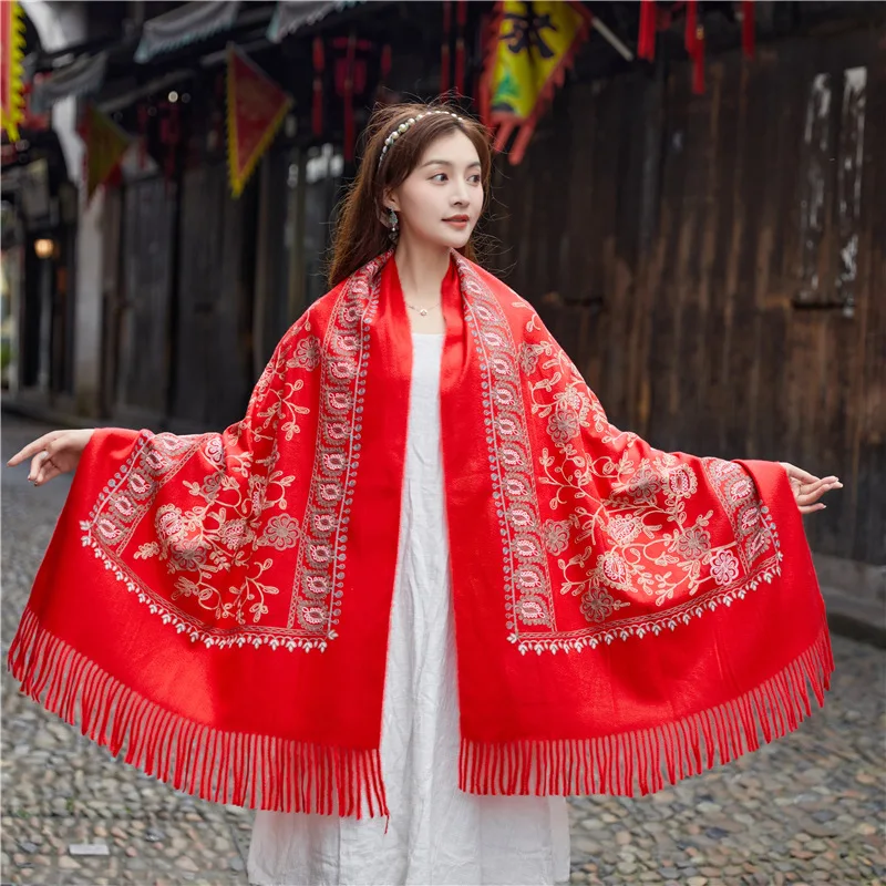 Зимний женский шарф черный с вышивкой Пейсли кашемировый из пашмины шарфы