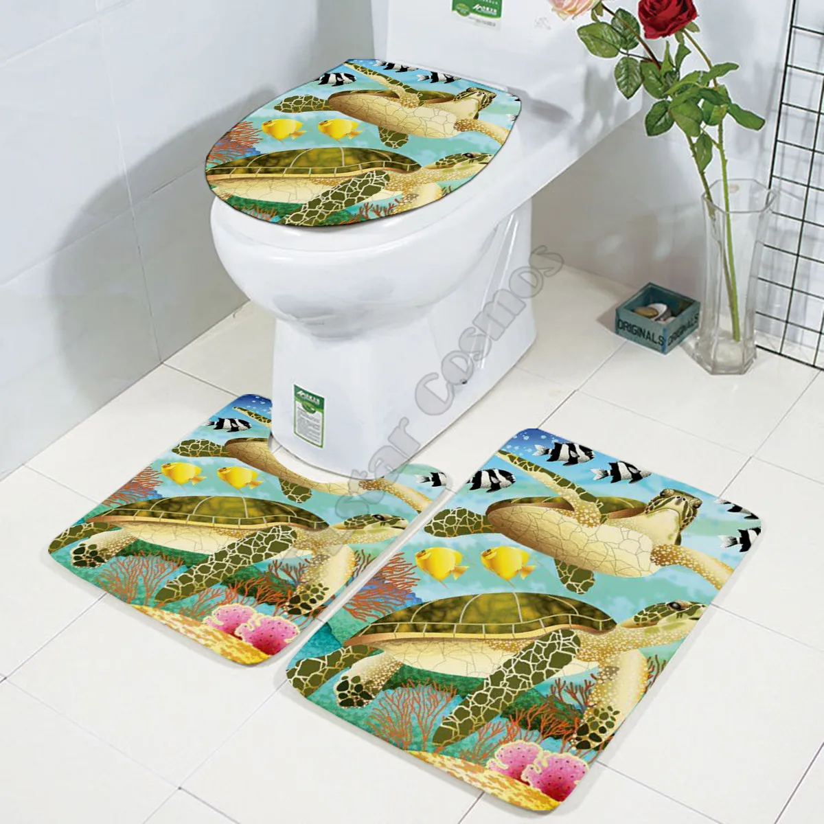 

Funny Sea turtle Three-piece set 3D printed Bathroom Pedestal Rug Lid Toilet Cover Bath Mat Set 02