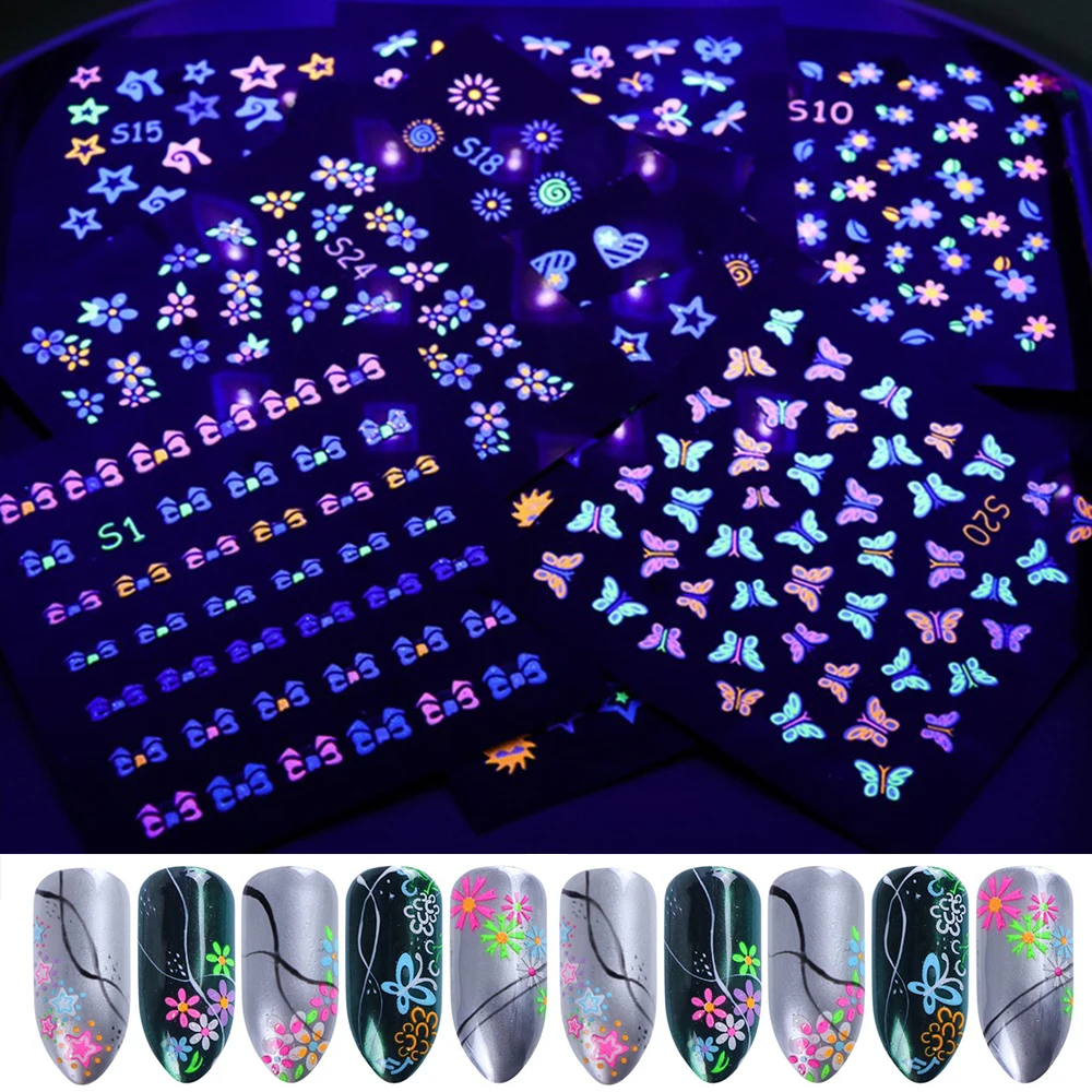 24 шт. 3D светящиеся цветные бабочки привлекательные наклейки для ногтей акриловый