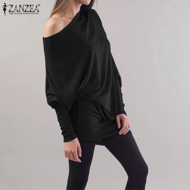 Женская блузка ZANZEA, Женская Сексуальная рубашка с открытыми плечами, повседневные свободные одноцветные топы с рукавами, туника, Blusas Femininas размера плюс