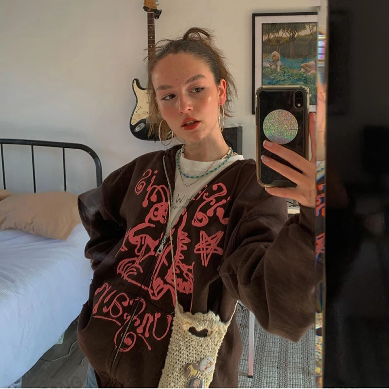 

Женская винтажная Толстовка Y2K, толстовки большого размера, Женская Осенняя куртка на молнии с длинным рукавом, топ для E-girl в стиле Харадзюк...