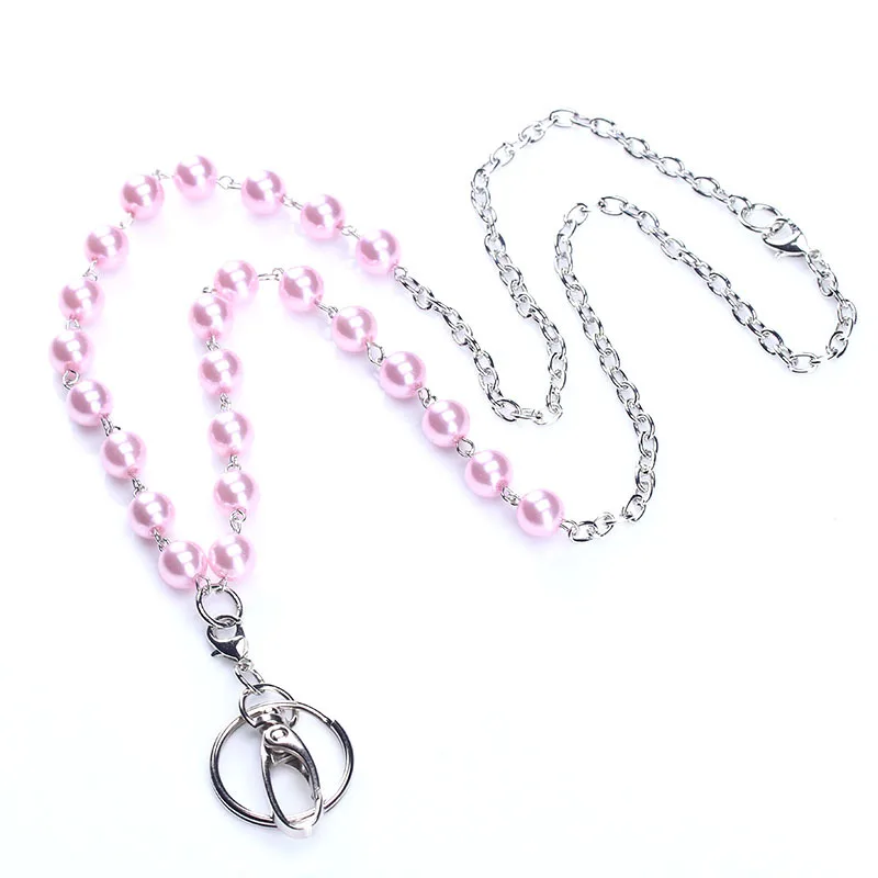 

Pink Pearl Chain Lanyard ID Card Holder Necklace Name Badge Holder Key Clip Neck Chain Lanyards Nurse Accessories