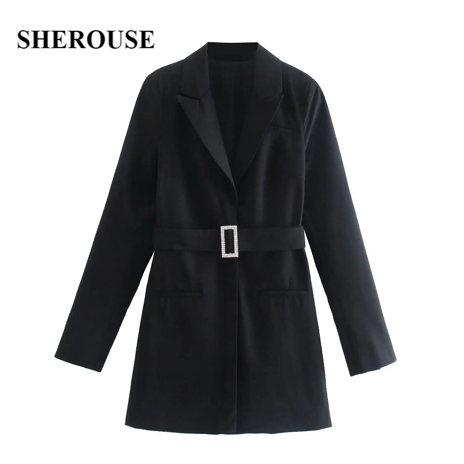 

Женское платье-блейзер Sherouse, элегантное офисное короткое платье с поясом, v-образным вырезом и длинными рукавами