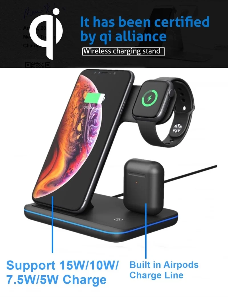 15 Вт Быстрое беспроводное зарядное устройство Qi для Apple Watch 1 2 3 4 5 AirPods 3 в 1 быстрая зарядка подставка Док-станция для iPhone 11 Pro XS Max XR X 8