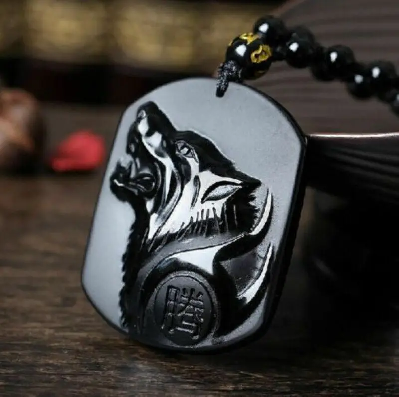 

100% Natural Obsidian Hand-carved Animal Wolf Head Domineering Men's Style Lucky Amulet Pendant Necklace
