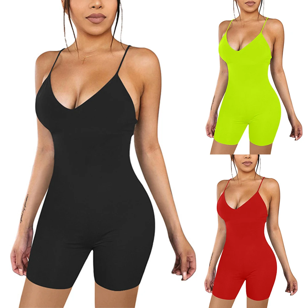 

2020 Women Sleeveless Strap V-neck Playsuit Rompers Jumpsuit Bodycon Solid Stretch Sports Jumpsuit Shorts Trousers