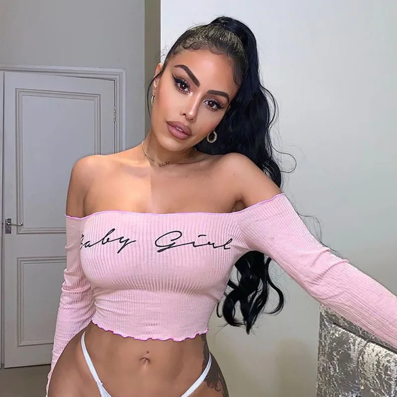 Женская футболка с буквенным принтом модная Сексуальная открытыми плечами и