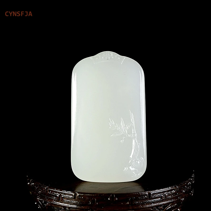 

CYNSFJA New Real Rare Certified Natural Hetian Mutton-fat Nephrite Lucky Amulets Bamboo Jade Pendant Hand Carved High Quality