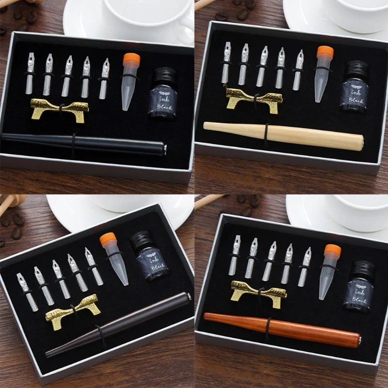 

1 Set Retro Calligraphy Fountain Dip Pen with 5 Nibs Ink Kit Gift Box for Lettering Sketching Drawing Stationery