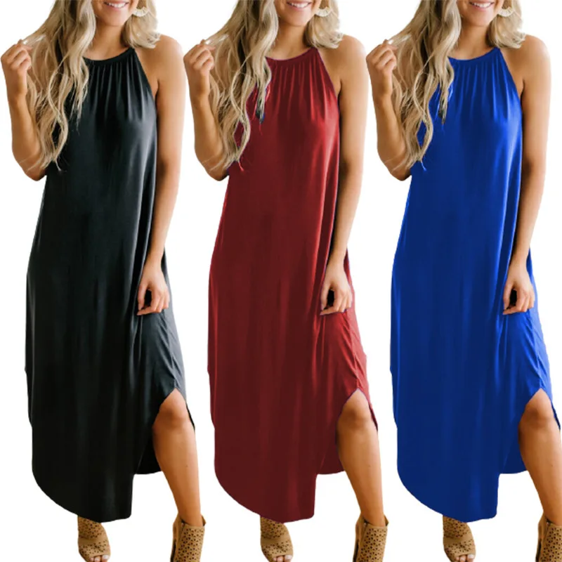 

Oversize Long Dresses for Women Casual Summer Sexy Sleeveless Beach Split Loose Dress Halter Neck Pure Color Streetwear Robes