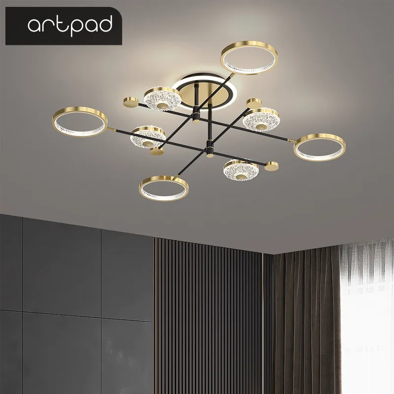 

Artpad Ceiling LED Chandeliers Dimmable with Remote Control Gold and Black Lamp Fixture with Crystal for Dining Room and Kitchen