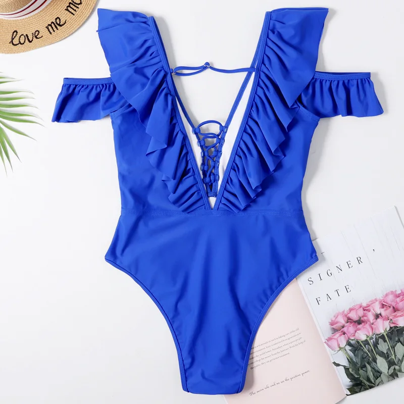 Синий купальник с оборками и открытыми плечами Цельный сексуальная одежда для