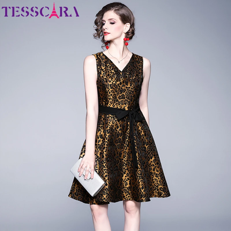 TESSCARA женское роскошное жаккардовое леопардовое платье Festa женские элегантные