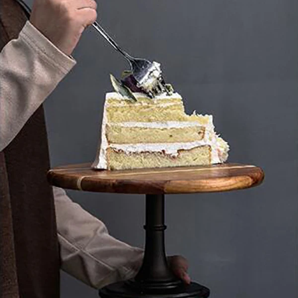 

Cake Display Stand Wooden Hand Polished Baking High Black Metal Leg Tray for Hotel Wedding Dessert Supplies