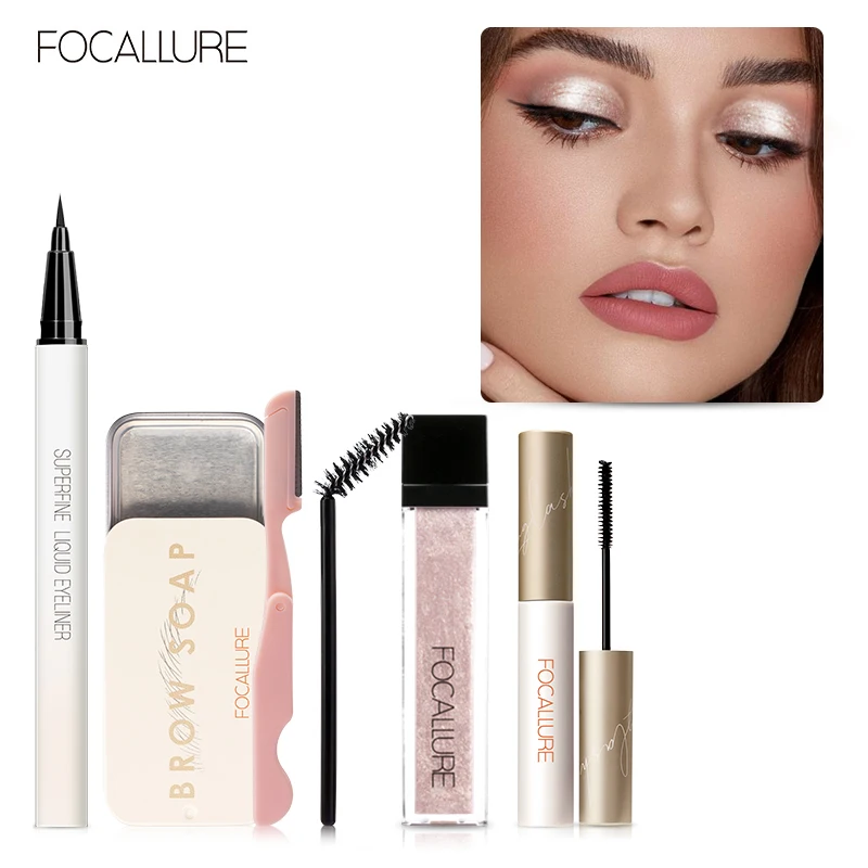 FOCALLURE 4 шт. наборы для макияжа бровей Гель жидкие тени для век Черная Подводка для глаз Тушь для ресниц водоСТОЙКАЯ Профессиональная Косметика для женщин - изображение