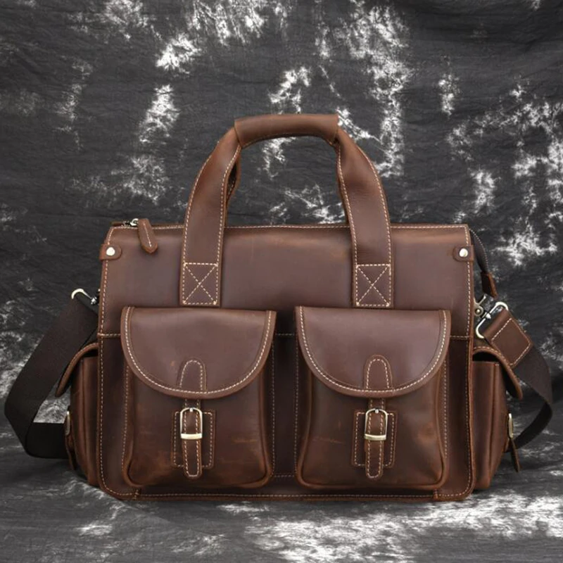 Luufan Vintage Daily Tote Bag Genuine Leather Men Business Hand Bag Crazy Horse Leather Commuting Bag For Ipad Small Laptop File