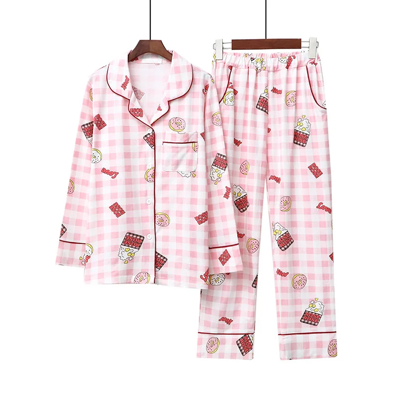 

New Pajamas Female Spring Summer ночнушка Turn-Down Collar Cotton Thin Homewear Fashion Korean Style Long-Sleeve Women Pyjamas