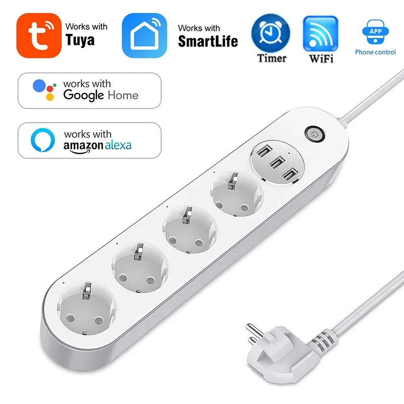 

Wi-Fi Tuya Smart Power Strip 4 розетки европейского стандарта с 3 usb-зарядными таймером умный дом, голосовое управление Alexa Google Home Assistant