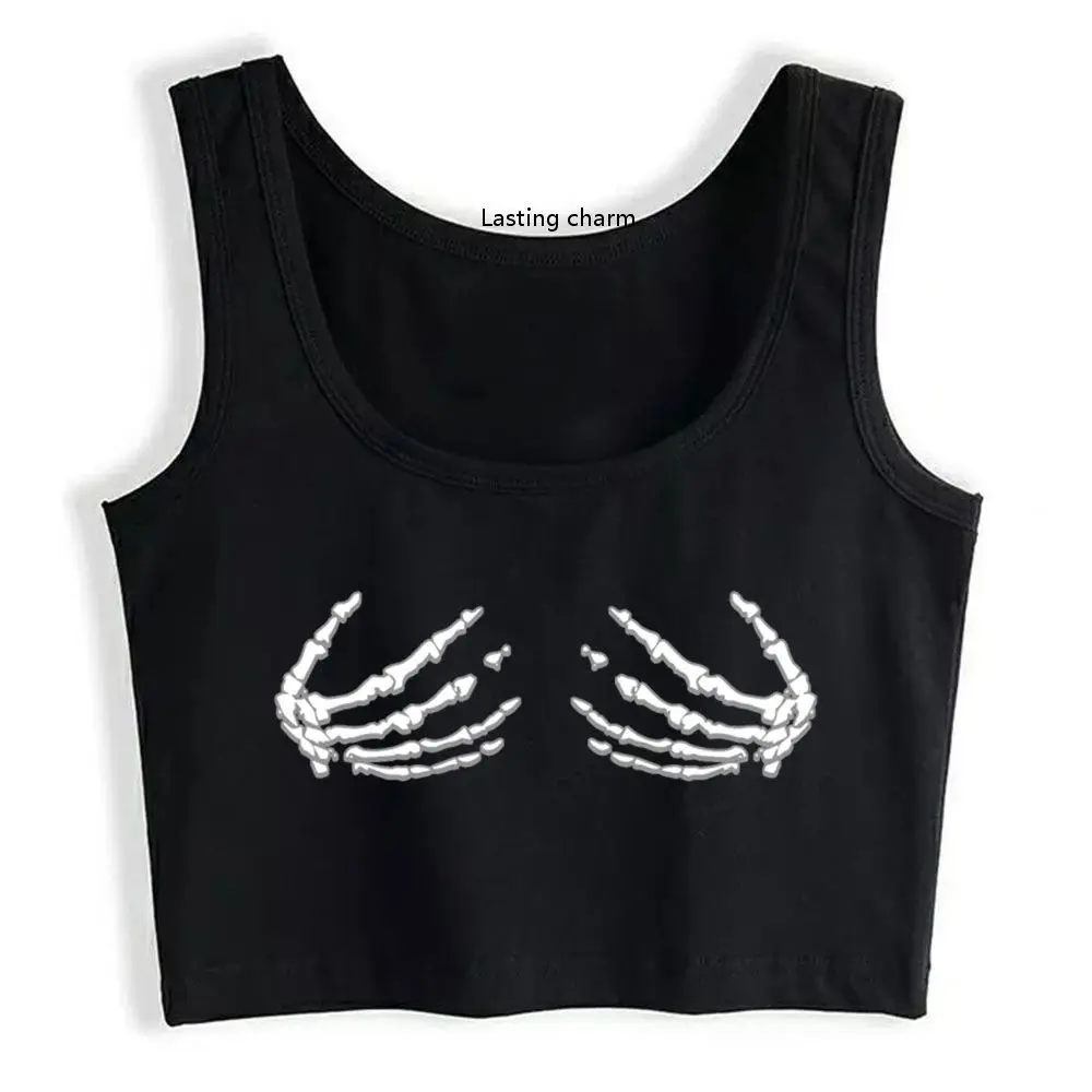 

Skeleton hands boobs chest Halloween casual Black Sleeveless Y2K Crop Top women's summer fashion tops