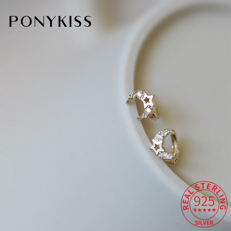 

PONYKISS Trendy 925 Sterling Silver Hollow Moon Star Zircon 14K Gold Stud Earrings For Women Cute Fine Jewelry Drop Shipping