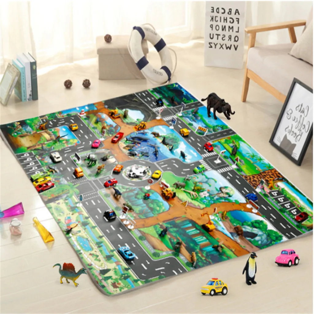 

130 X 100 Cm Children's Toys Carry Game Pad Dinosaur World Traffic Parking Lot Also Suitable As An Outdoor Picnic Mat For Family
