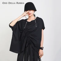 odddellarobbia 2021 new summer women round neck pullover solid color polka dot t shirt personality drawstring bat sleeve top1444