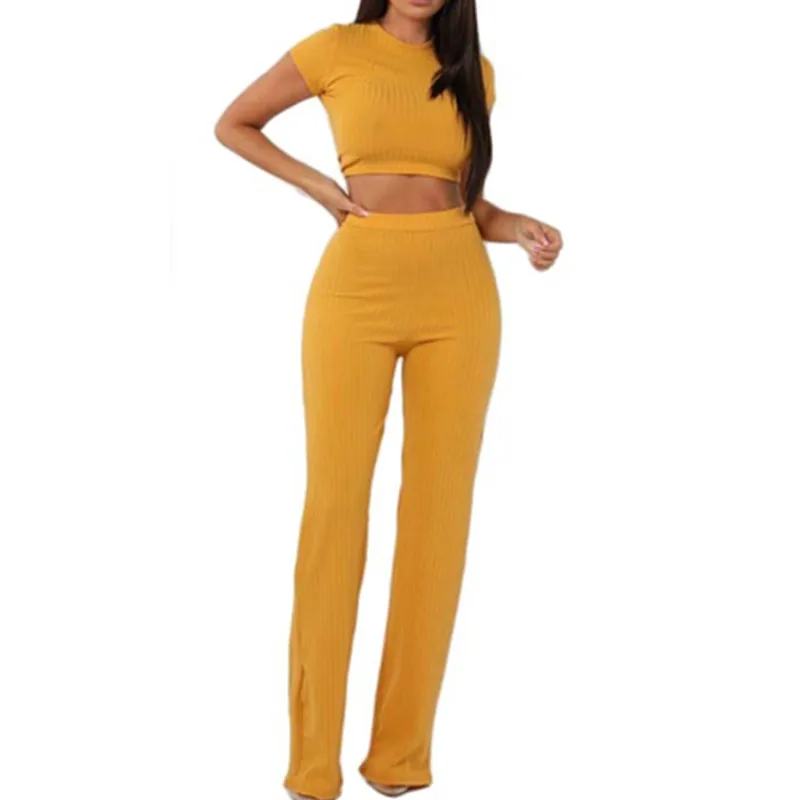 

Женский комплект из 2 предметов, укороченный топ в рубчик с круглым вырезом и длинные брюки, привлекательный осенний спортивный костюм с кор...