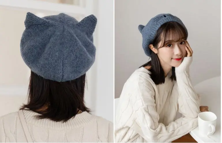 solid color beret  knitting cartoon cat ear winter beret Korean Japan style artist beret