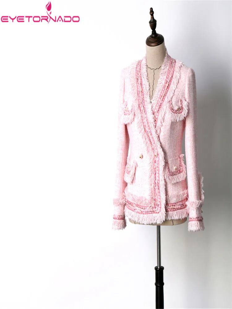 Женская твидовая куртка с кисточками и люрексом v-образный вырез осенняя