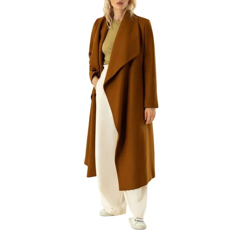 

Winter Elegant Women Brown Tie Waist Long Waterfall Wool Coat