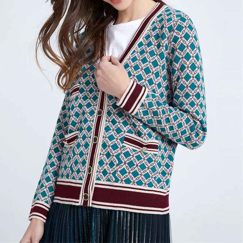 

Limiguyue Женский трикотажный свитер с V-образным вырезом свободное элегантное пальто осень-зима вязаная одежда клетчатые Топы с длинным рукаво...