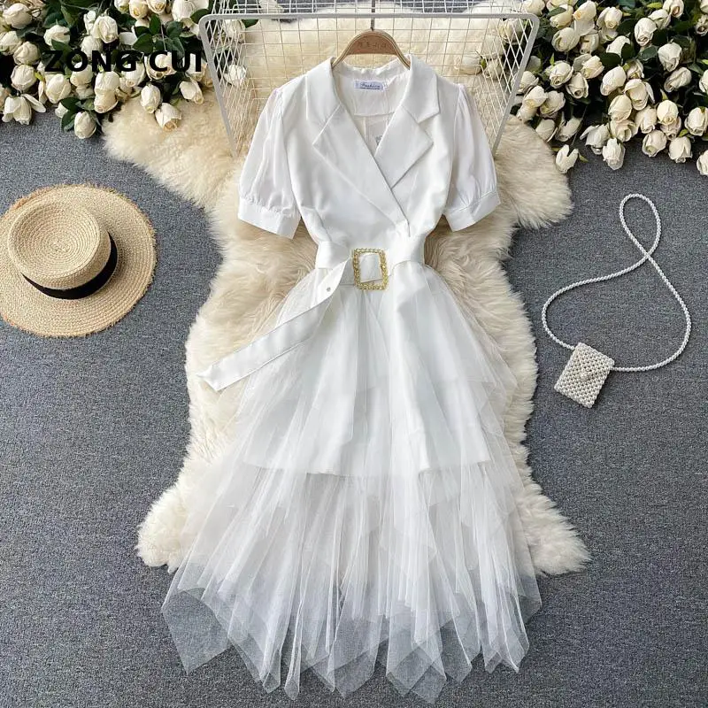 

Elegant fashion patchwork mesh irregular white dress summer women's notched collar high waist temperament Street long dress