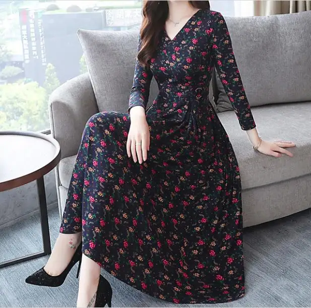 Осень Зима XXXL плюс размер черные полосатые миди платья корейские женские