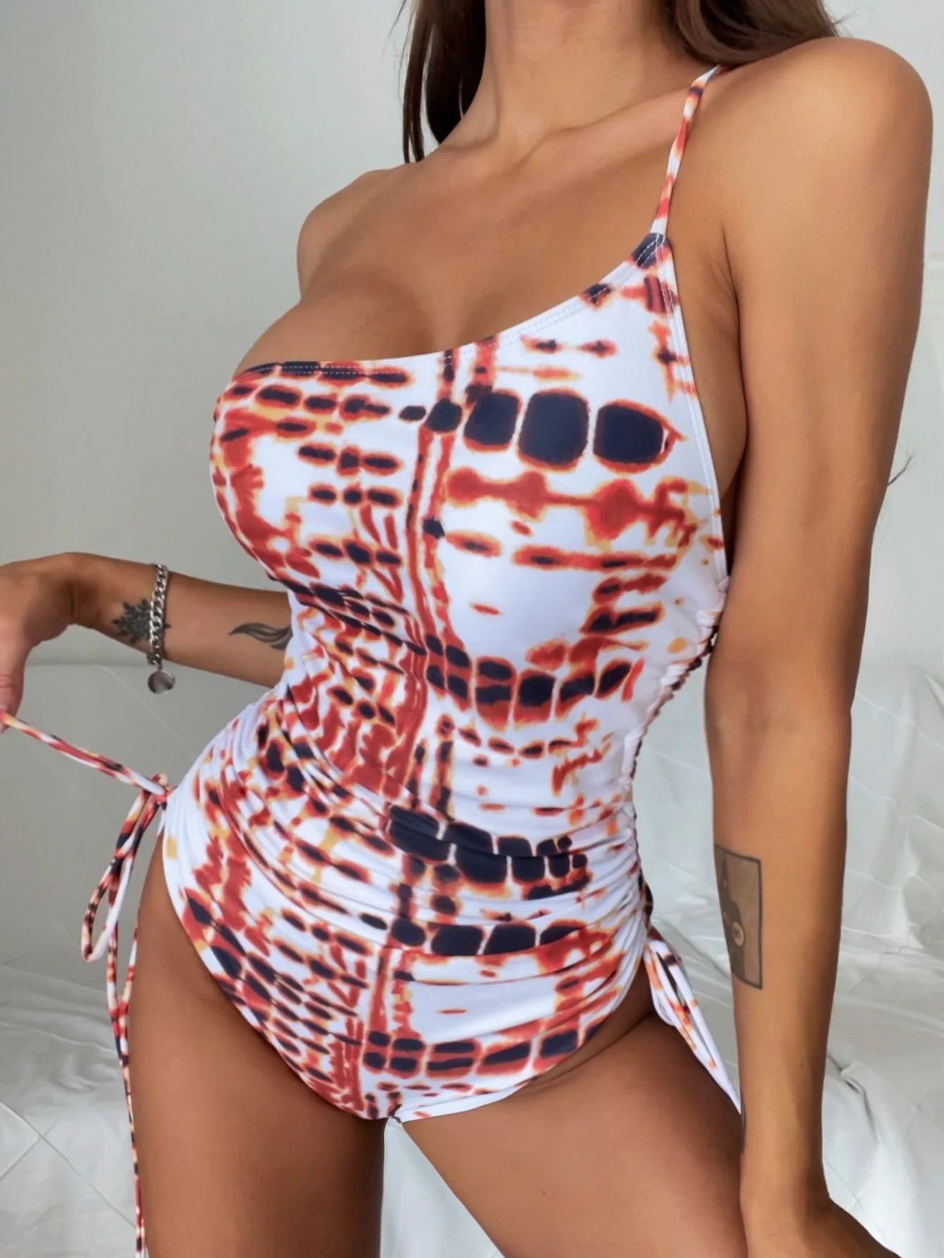 

One Piece Swimsuit Women Tie Dye One Shoulder Bathing Suit Halter Bodysuit Push Up Swimsuit Monokini Beachwear Swimwear Tankini