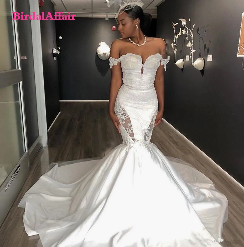 

Elegant Mermaid Wedding Dresses Off Shoulder Sweep Train Appliques Illusion Lace Garden Bridal Gowns vestidos de novia Plus Size