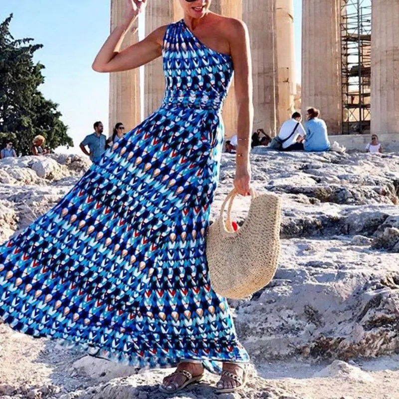Женское платье макси с принтом в богемном стиле летнее Бандажное без рукавов на