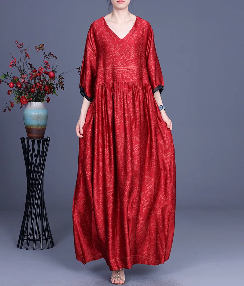 

2021 spring large women's printed rayon V-neck wrinkle swing dress