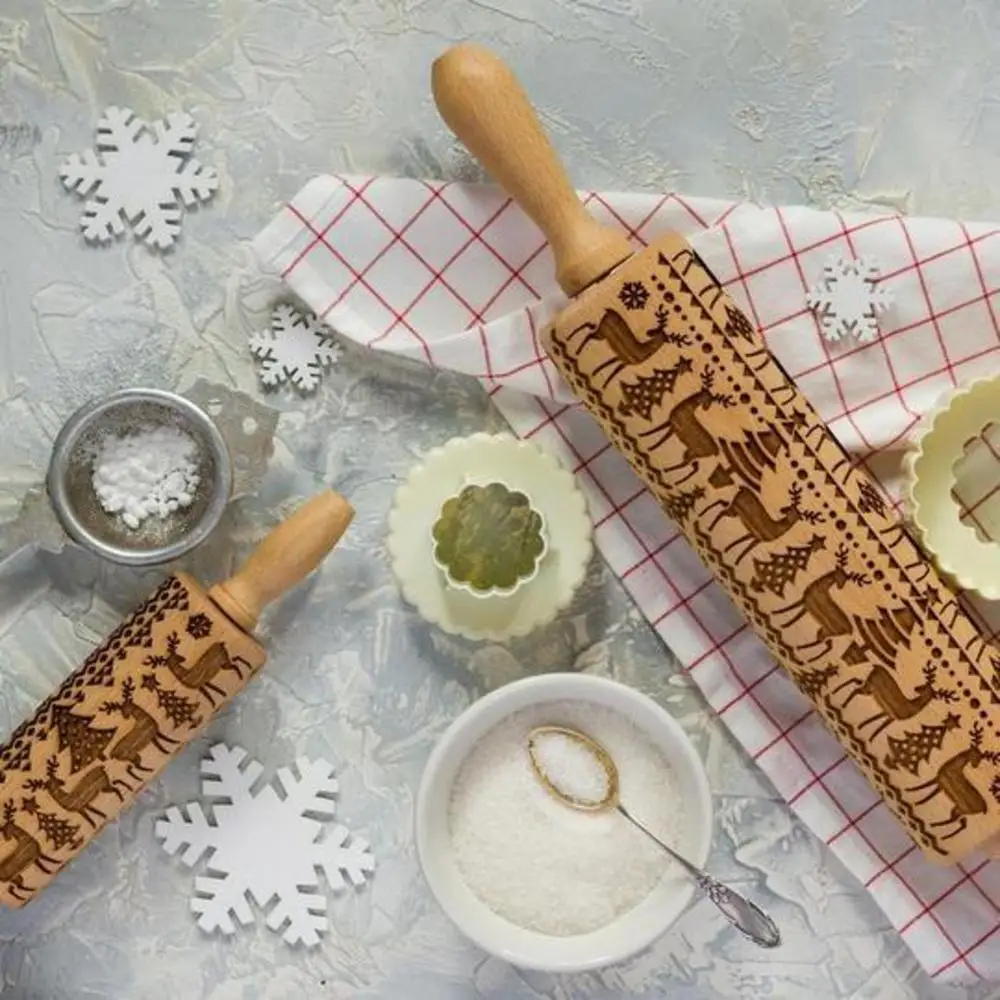 Christmas Embossing Rolling Pin Baking Cookies Noodle Biscuit Fondant Cake Dough Engraved Roller Reindeer Snowflake