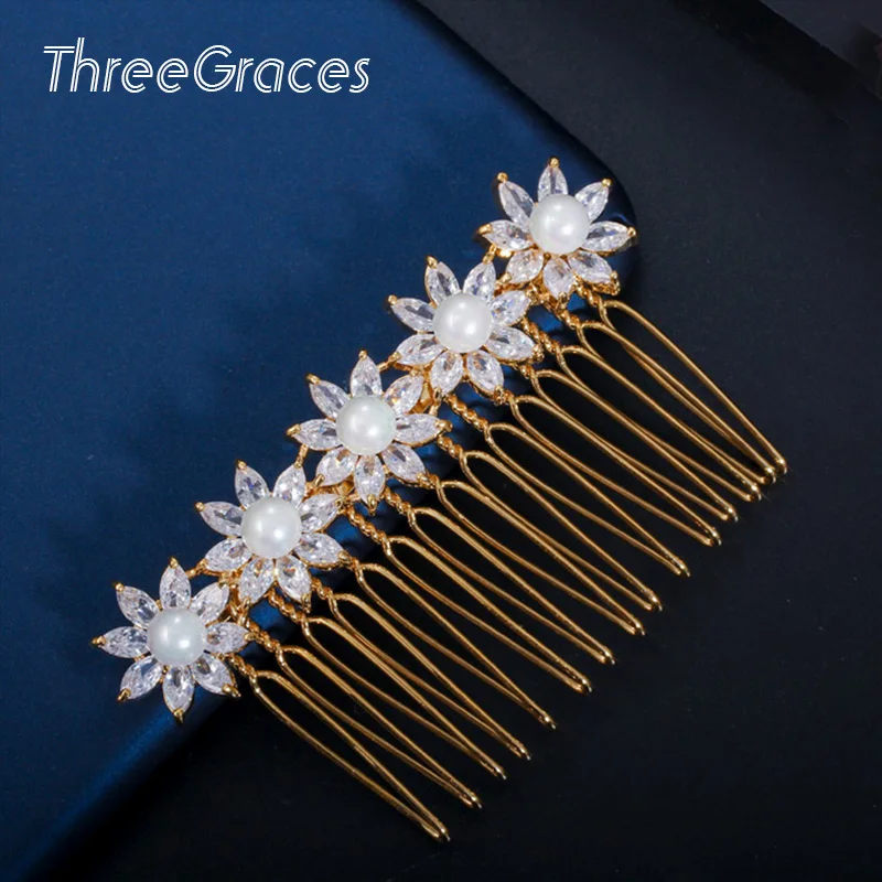 ThreeGraces великолепный Блестящий Белый CZ Кристалл розовое золото жемчуг свадебные