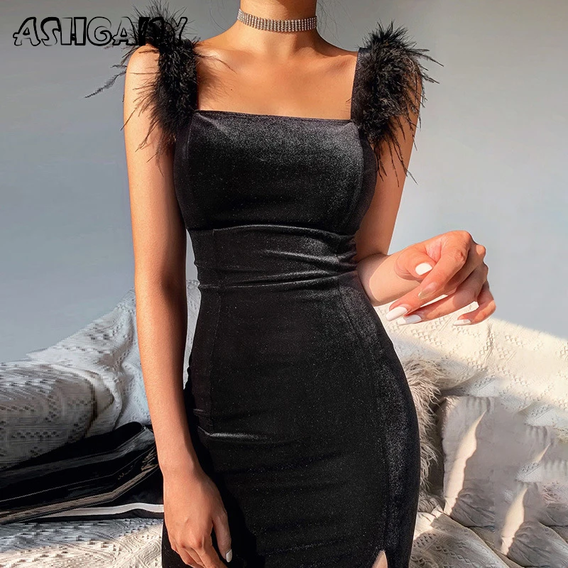 

Ashgaily 2022 New Sexy Velvet Dress Women Sleeveless Dress Solid Feathers Bodycon Clothes Party Club Outfits Femme