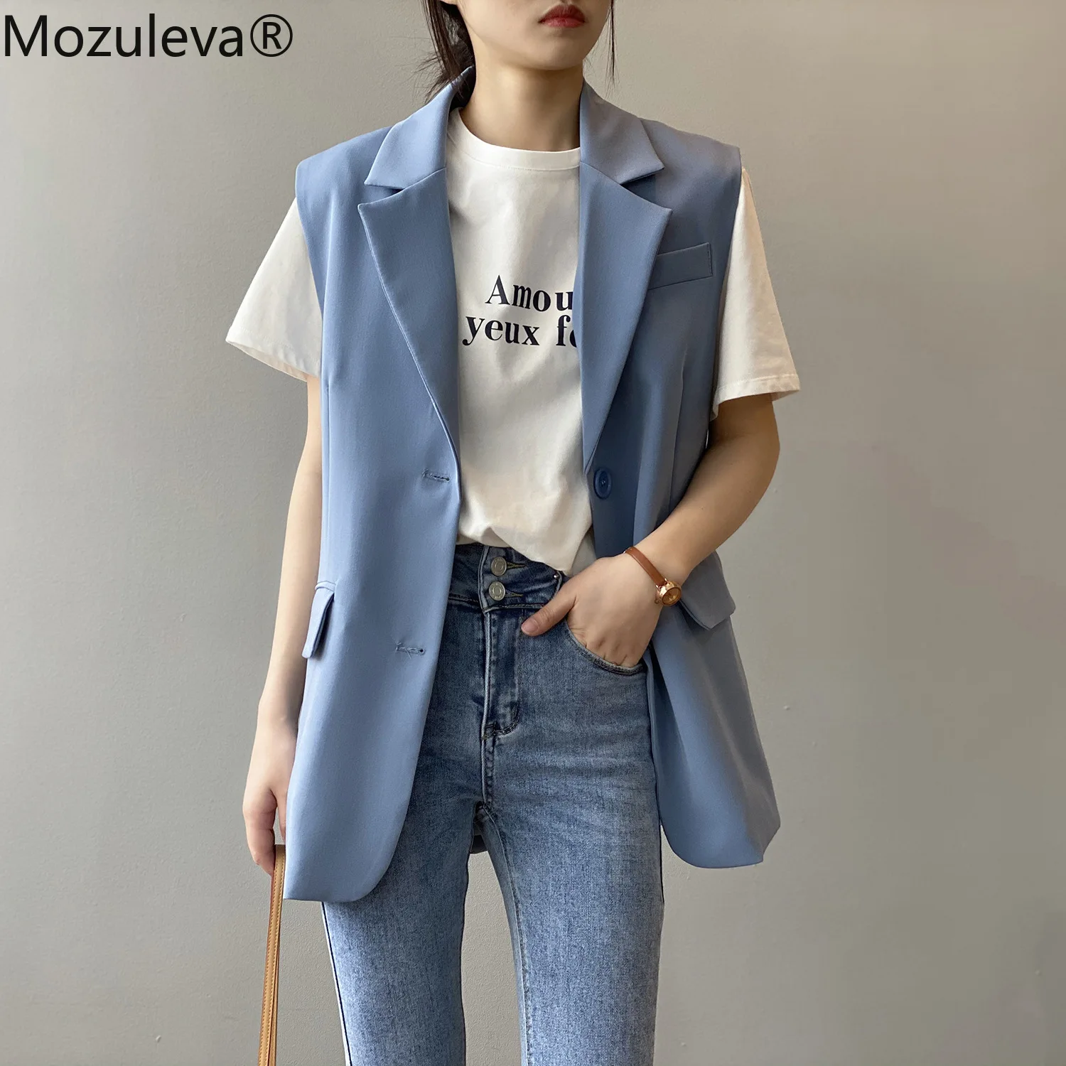

Mozuleva New 2021 Office Ladies Simply Sleeveless Single Breasted Blazer Vest Women Casual Suit Jacket Quality Outwear Tops