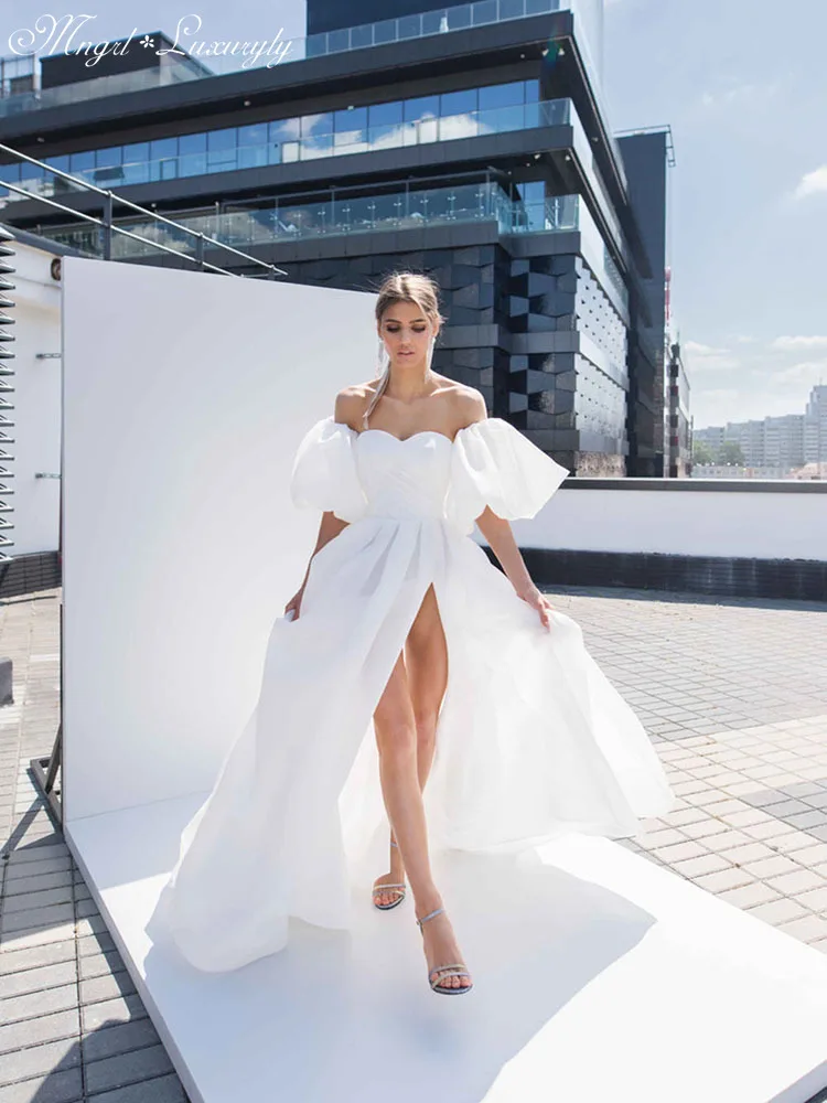 

Luxury A-LINE Wedding Dresses Chiffon Strapless Detachable Puff Sleeve Gowns Backless Sexy High Split vestidos de noviaTailored