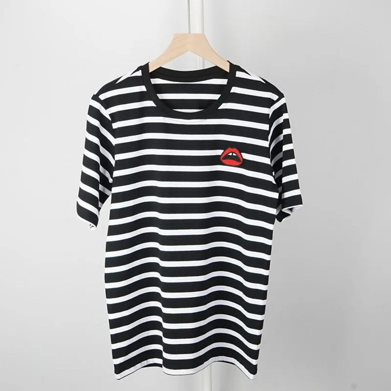 

Women Summer Loose Striped O-Neck Cotton Short Sleeve T-Shirt Ladies Casual Lips Embroidery Tees Female Fashion Slim Tops ML72
