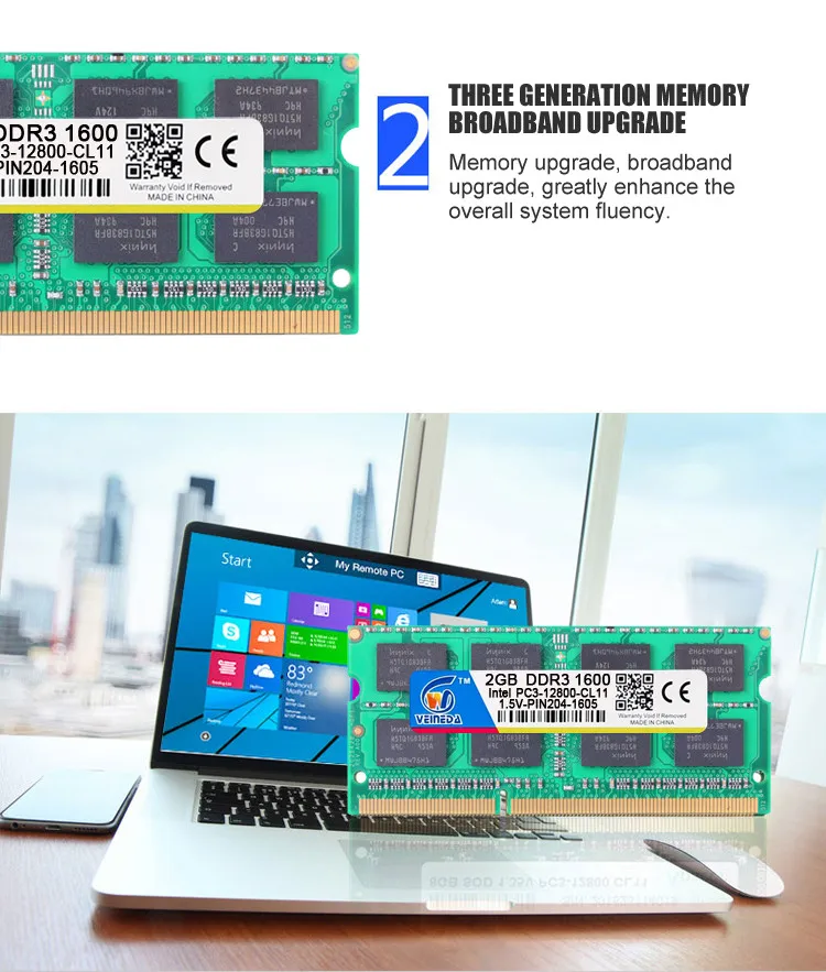 VEINEDA DDR3 2 Гб 204PIN оперативная память DDR3 1600 МГц PC3-12800 совместимость ddr3 1333 Память Ram DDR 3 2 Гб оперативной памяти для Intel AMD ноутбук