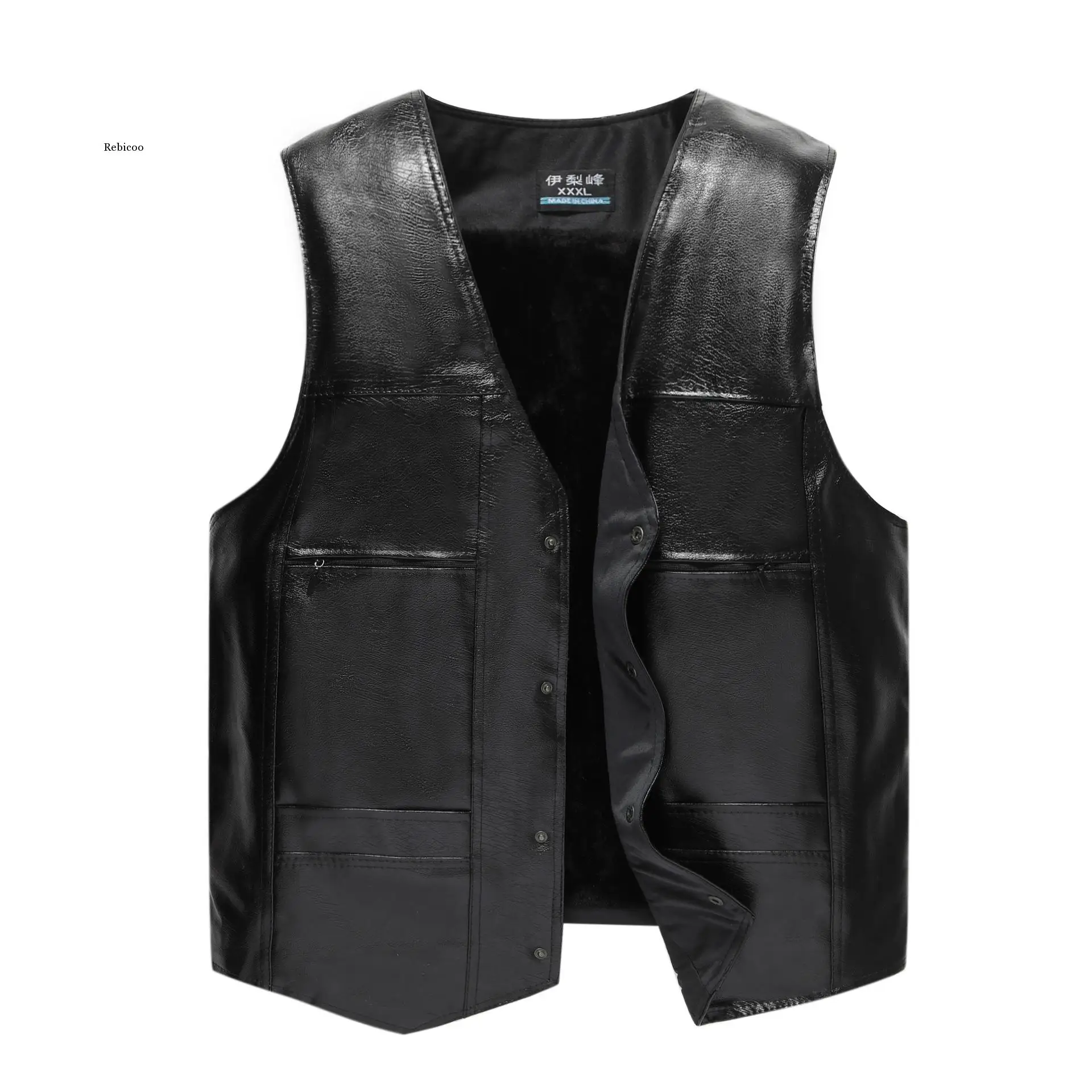 More Men's Pu Leather Vest Fashion V-Neck Warm Vest