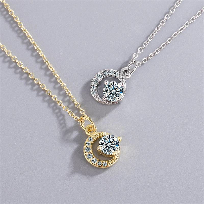 

KOFSAC Creative Crescent Shiny Zircon Round Pendant Jewelry 925 Sterling Silver Necklaces For Women Anniversary Accessories Gift