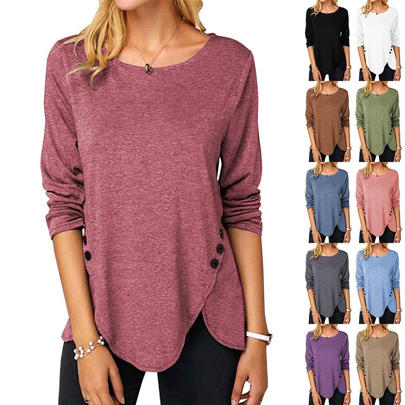 

Autumn Irregular Hem Split Fork Buttons Long Sleeve T Shirt Asymmetry Fashion Simplicity Casual Oversize Streetwear Clothing Top