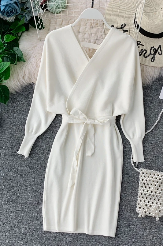

Bat-Sleeve V-neck Knitted Dress Female Autumn and Winter 2019 New Retro-vintage Slim Knit Vestidos
