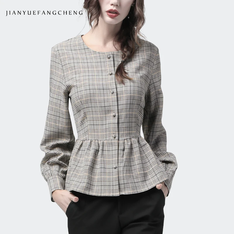 В винтажном стиле Женские клетчатые блузки с длинным рукавом О образным вырезом